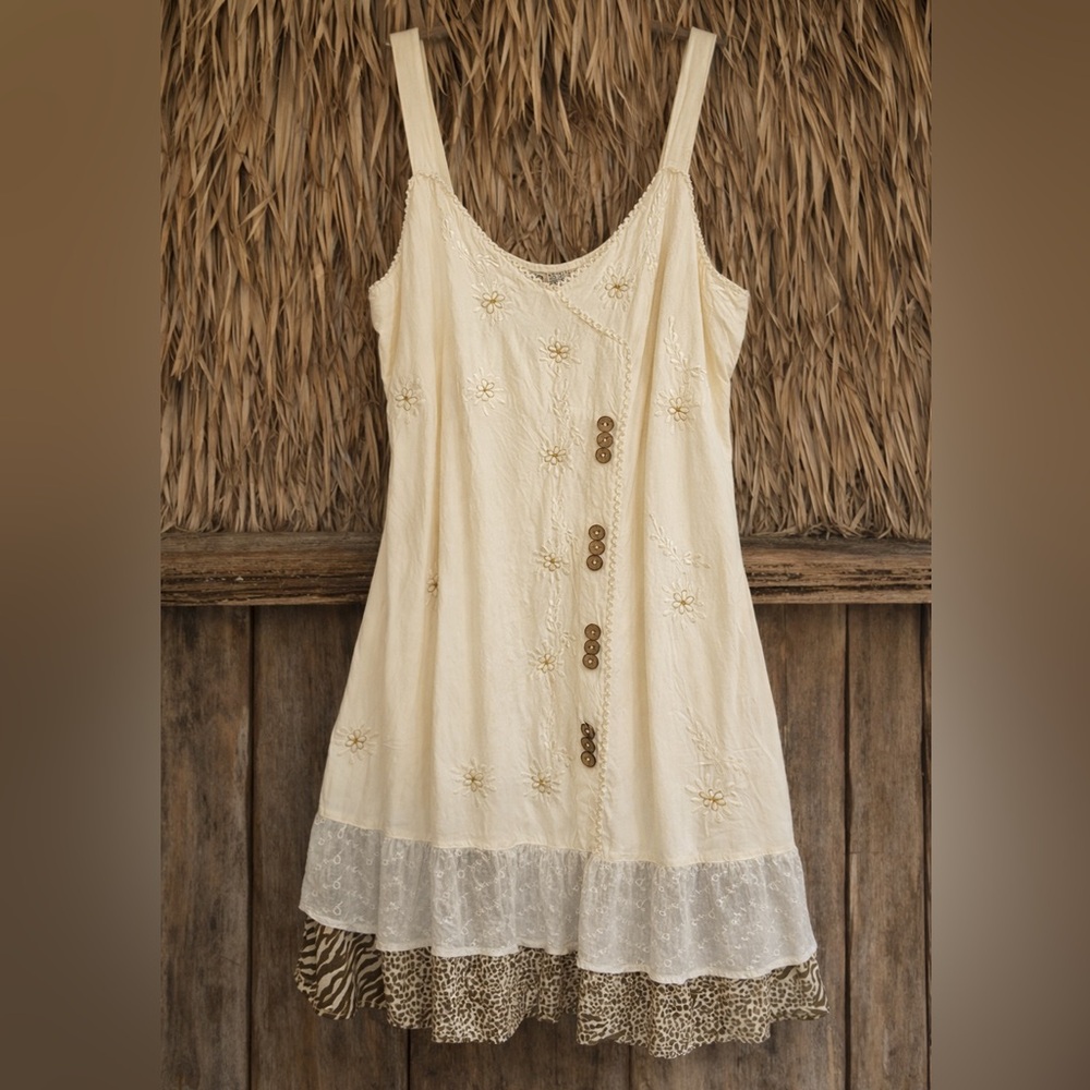 Raya Sun Embroidered Ivory Dress Medium Boho Cottagecore Lace Animal Print - Picture 3 of 8